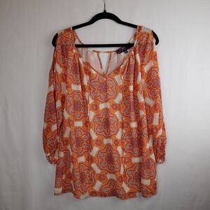 Peck & Peck Blouse Women's Medium Orange White Medallion Lined Fall Halloween